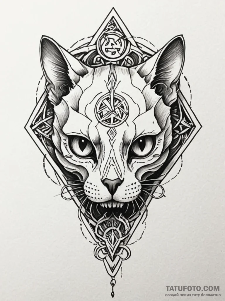 Cat skull with runic carvings, tattoo line ar... - эскиз тату (№1751247037_0, 30.06.2025 01:30) — Tatufoto.com