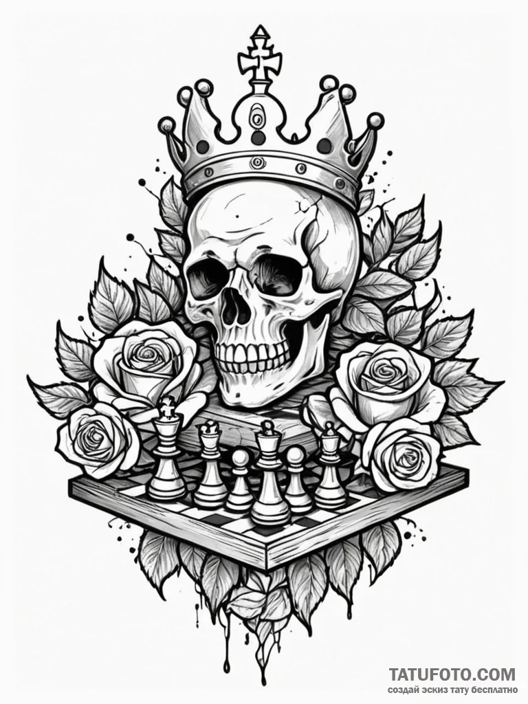 Chess king toppled on a fractured board, tatt... - эскиз тату (№1751247494_0, 30.06.2025 01:38) — Tatufoto.com