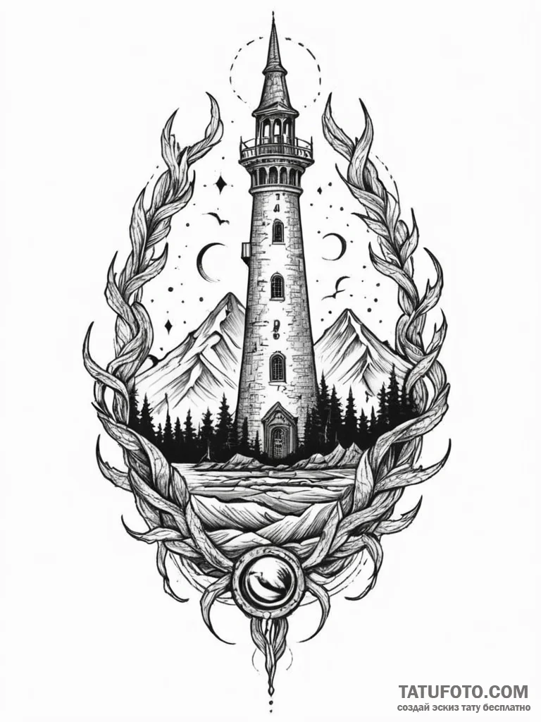 Jagged serpent beneath spectral spire, tattoo... - эскиз тату (№1751251478_0, 30.06.2025 02:44) — Tatufoto.com