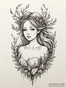 Forest nymph with hair made of moss and leave... - эскиз тату (№1751251968_0, 30.06.2025 02:52) — Tatufoto.com