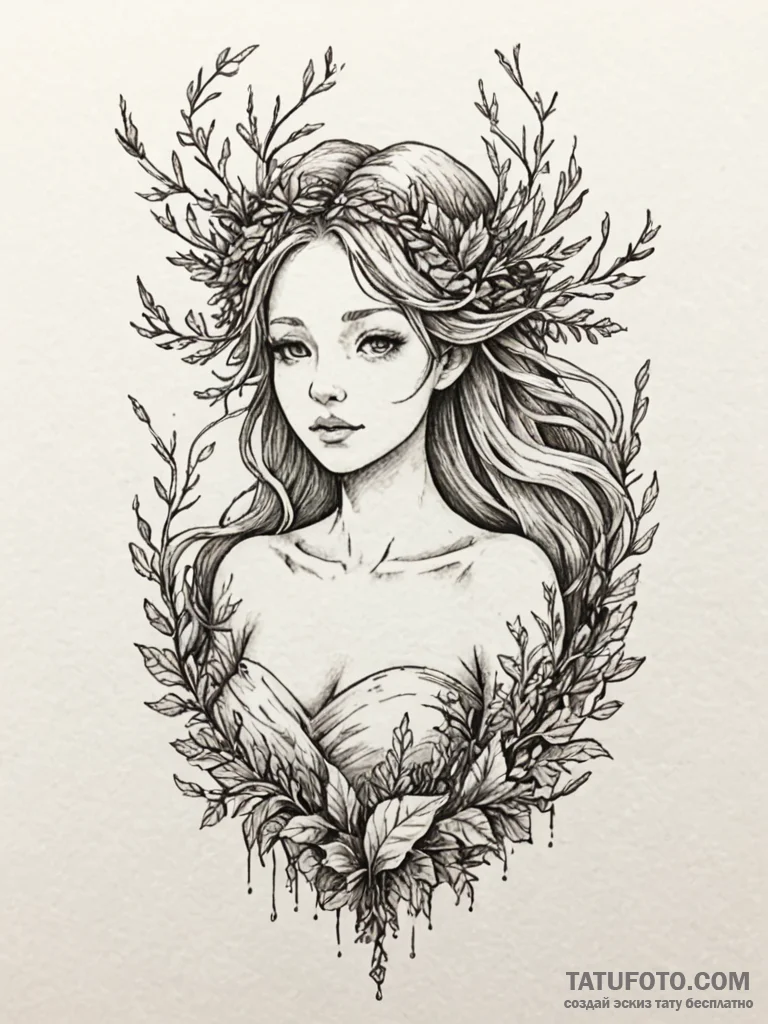 Forest nymph with hair made of moss and leave... - эскиз тату (№1751251968_0, 30.06.2025 02:52) — Tatufoto.com