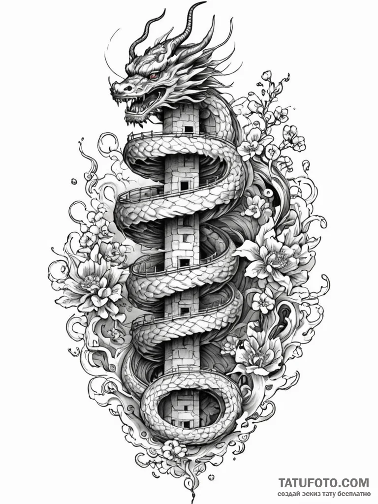 Abyssal serpent spiraling tower, tattoo sketc... - эскиз тату (№1751252931_0, 30.06.2025 03:08) — Tatufoto.com