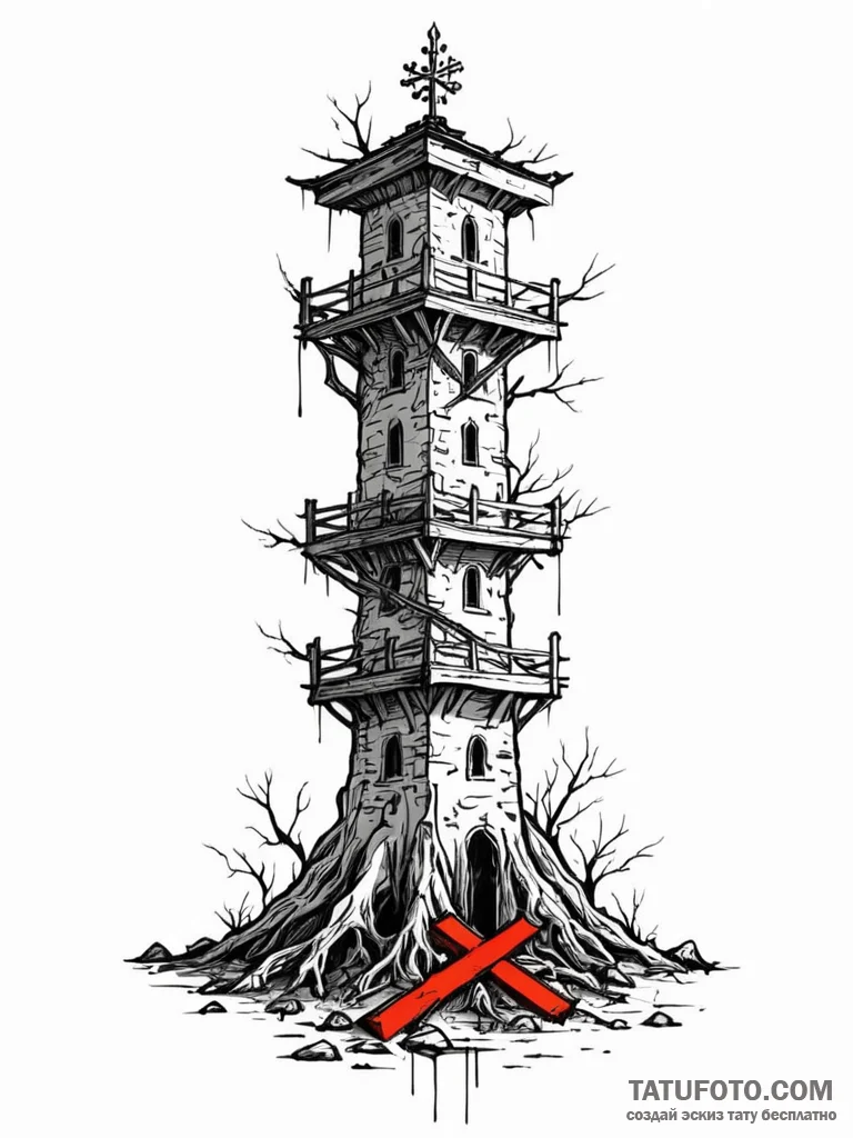 Mirror tower wrapped in roots, artistic tatto... - эскиз тату (№1751253748_0, 30.06.2025 03:22) — Tatufoto.com