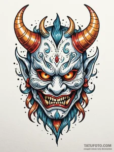 Oni mask, ink illustration for tattoo, minima... - эскиз тату (№1751255342_0, 30.06.2025 03:49) — Tatufoto.com