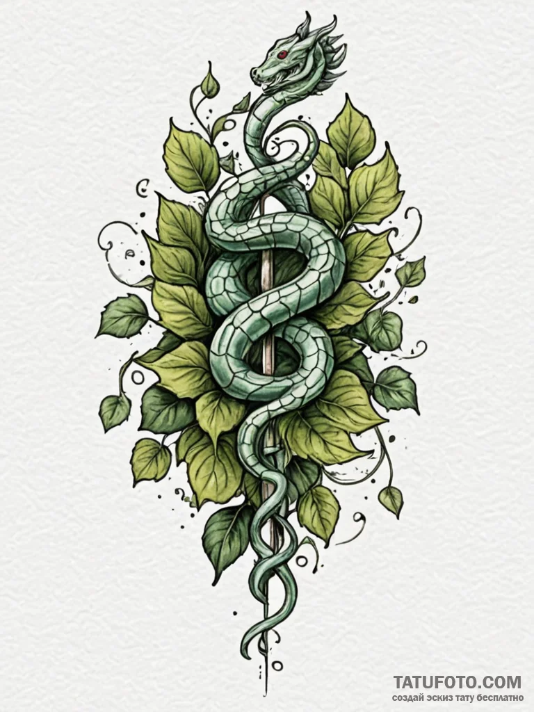 Serpent staff crowned with ivy, ink illustrat... - эскиз тату (№1751256126_0, 30.06.2025 04:02) — Tatufoto.com