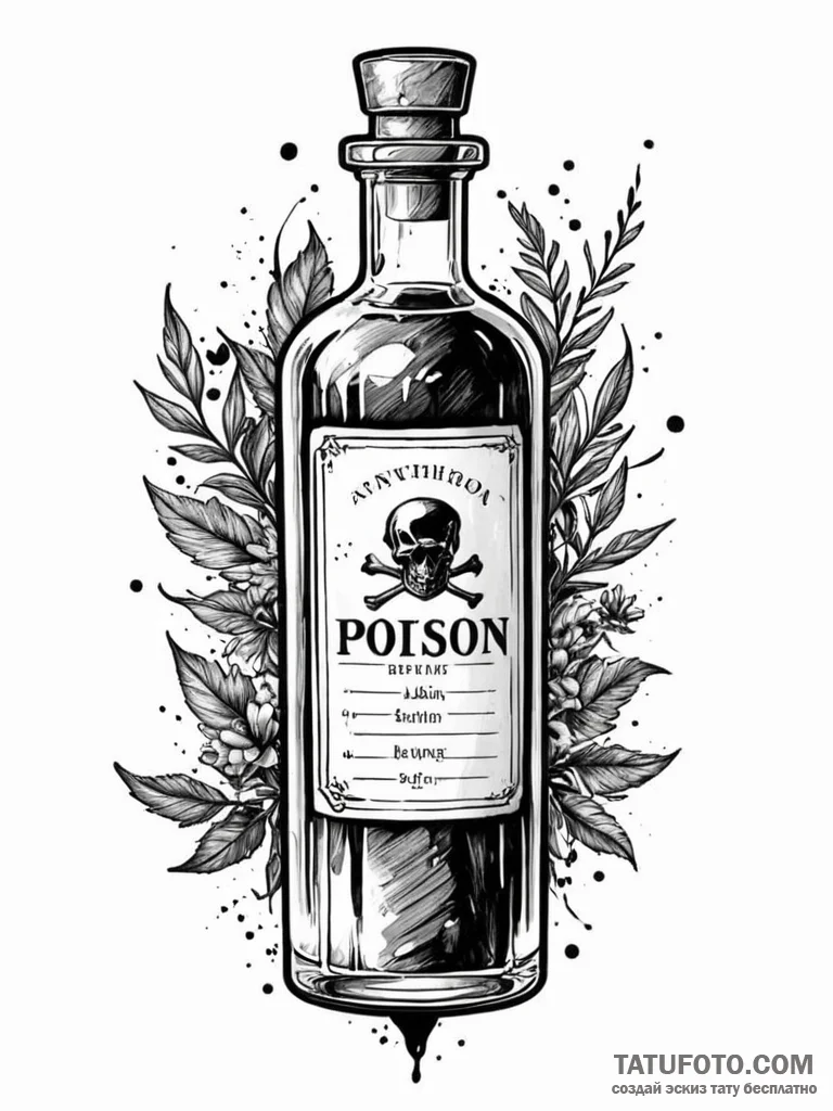 An apothecary bottle labeled "poison", ink il... - эскиз тату (№1751256494_0, 30.06.2025 04:08) — Tatufoto.com