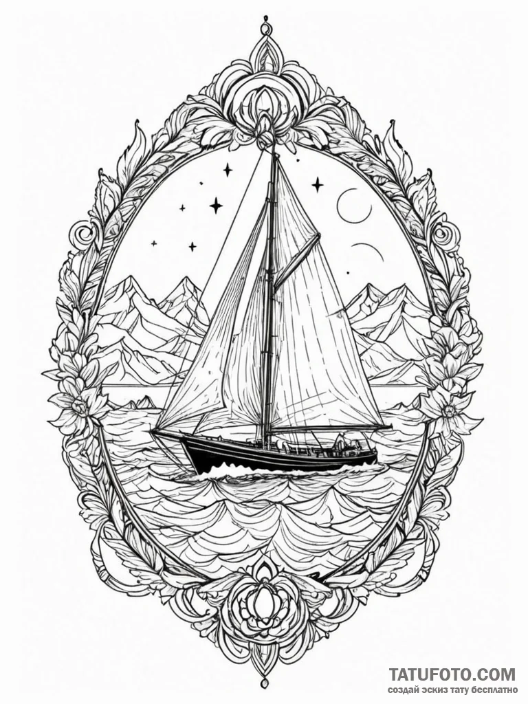 A sleek boat sailing on a calm sea, open wate... - эскиз тату (№1751256764_0, 30.06.2025 04:12) — Tatufoto.com