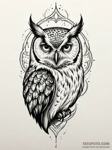 Owl gaze beneath burning sky, tattoo line art... - эскиз тату (№1751257404_0, 30.06.2025 04:23) — Tatufoto.com