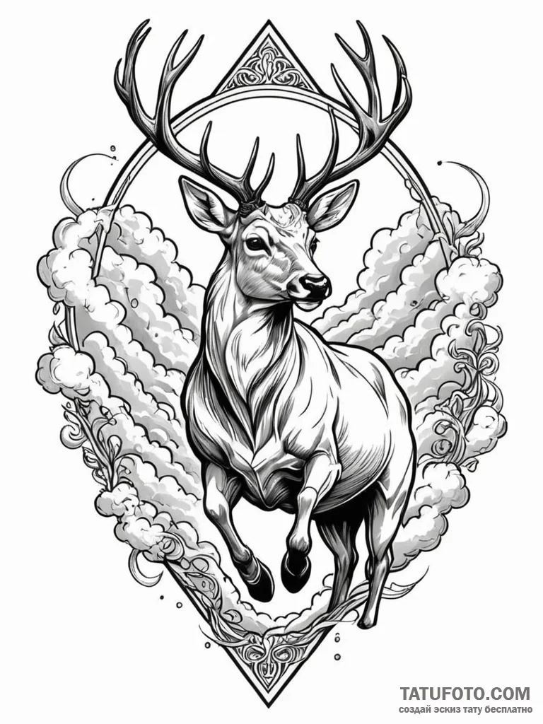 Angelic deer leaping through clouds, tattoo l... - эскиз тату (№1751258464_0, 30.06.2025 04:41) — Tatufoto.com