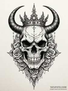 Horned skull of a demon, with a crown of blac... - эскиз тату (№1751259037_0, 30.06.2025 04:50) — Tatufoto.com
