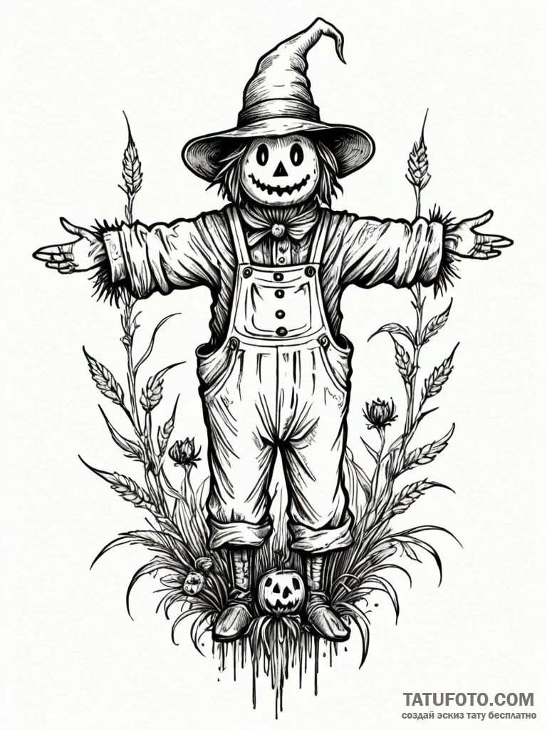 A whimsical bird on a scarecrow, unlikely,, t... - эскиз тату (№1751259904_0, 30.06.2025 05:05) — Tatufoto.com
