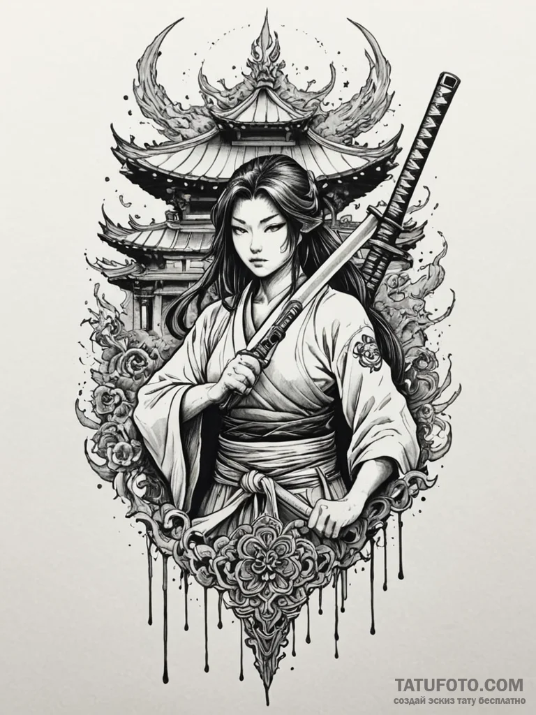 Katana beneath haunted shrine, ink illustrati... - эскиз тату (№1751262721_0, 30.06.2025 05:52) — Tatufoto.com
