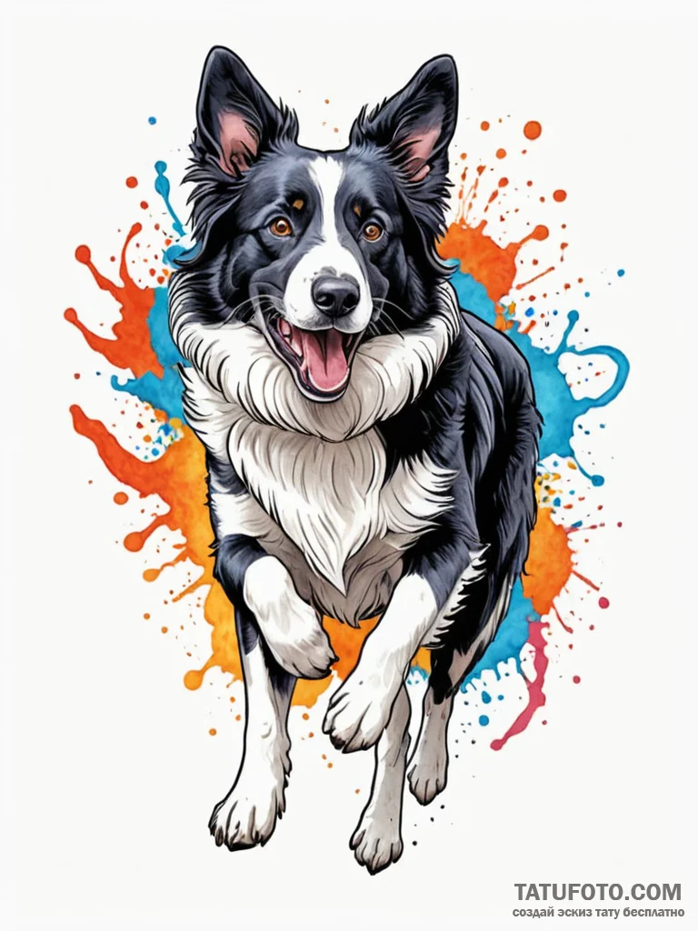 A playful border collie mid-run, energetic po... - эскиз тату (№1751262811_0, 30.06.2025 05:53) — Tatufoto.com