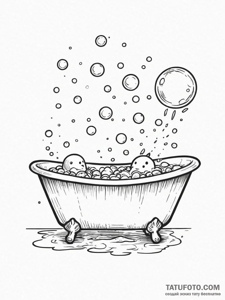 A whimsical bubble bath with toy boats, relax... - эскиз тату (№1751263639_0, 30.06.2025 06:07) — Tatufoto.com