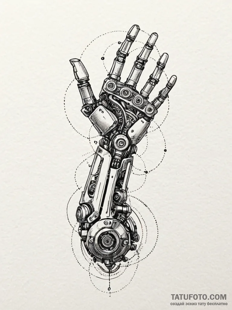 Robotic arm, concept art for tattoo, fine lin... - эскиз тату (№1751263892_0, 30.06.2025 06:11) — Tatufoto.com