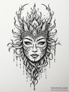 Flaming mask crowned in roots, tattoo line ar... - эскиз тату (№1751265398_0, 30.06.2025 06:36) — Tatufoto.com