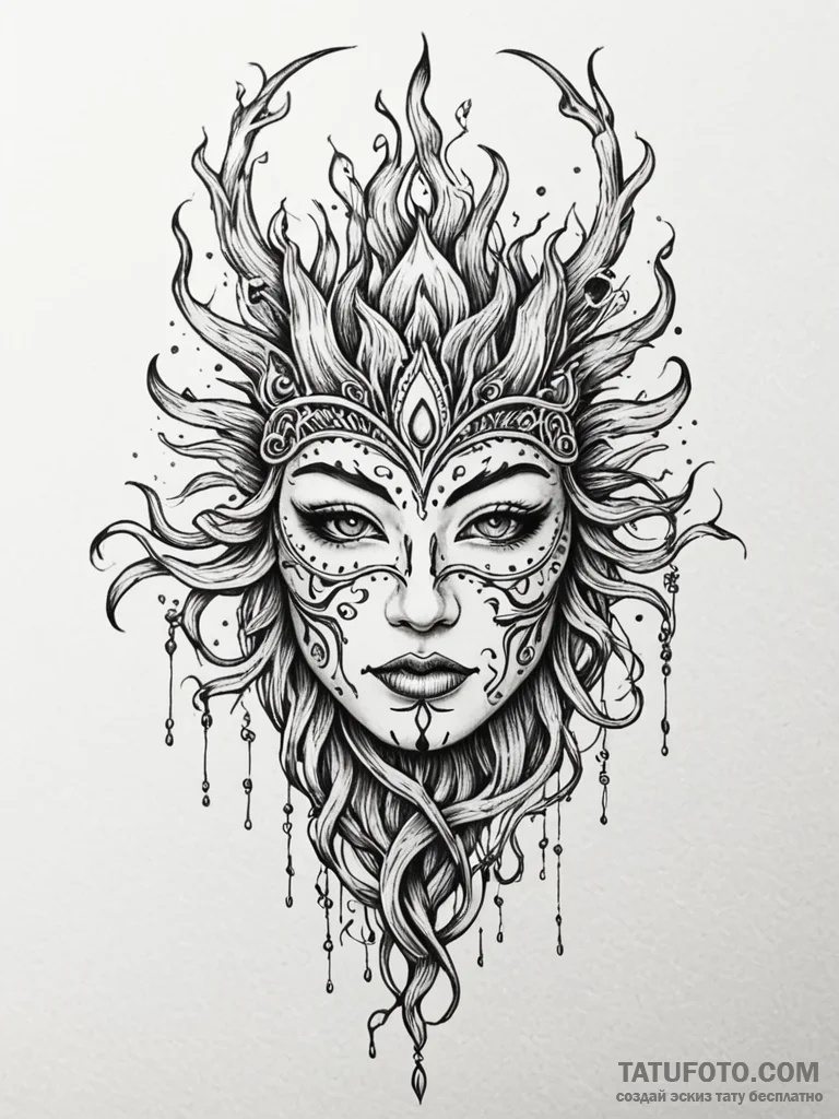 Flaming mask crowned in roots, tattoo line ar... - эскиз тату (№1751265398_0, 30.06.2025 06:36) — Tatufoto.com