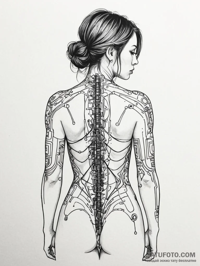 Circuit board pattern on a human back, artist... - эскиз тату (№1751265493_0, 30.06.2025 06:38) — Tatufoto.com
