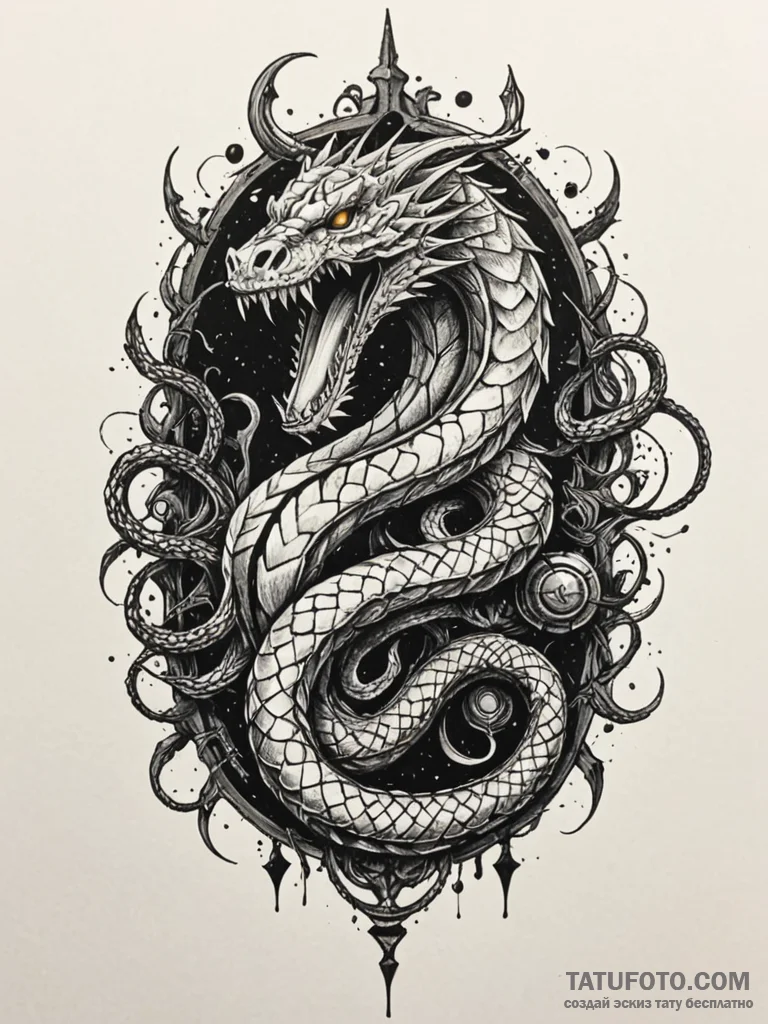 Ivory serpent around shattered helm, concept... - эскиз тату (№1751265575_0, 30.06.2025 06:39) — Tatufoto.com