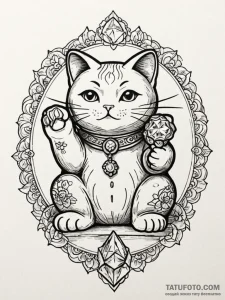 Maneki-neko (lucky cat) holding a crystal ins... - эскиз тату (№1751266344_0, 30.06.2025 06:52) — Tatufoto.com