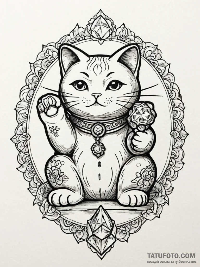 Maneki-neko (lucky cat) holding a crystal ins... - эскиз тату (№1751266344_0, 30.06.2025 06:52) — Tatufoto.com
