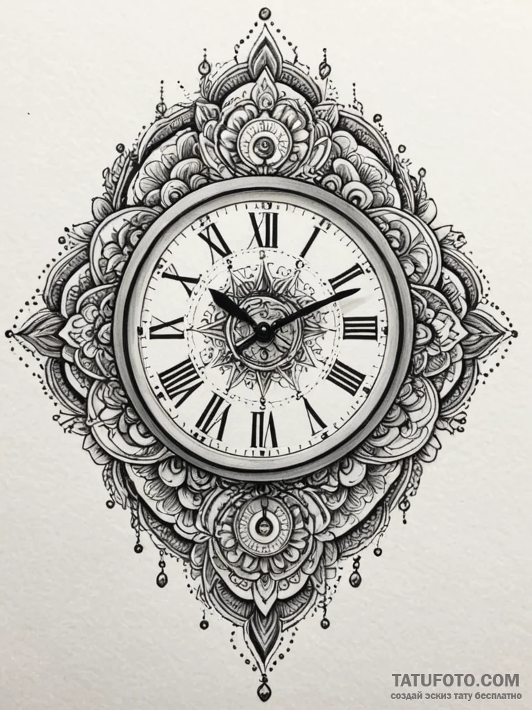 Clock, tattoo sketch design, dotwork shading,... - эскиз тату (№1751267189_0, 30.06.2025 07:06) — Tatufoto.com