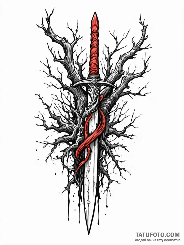 Dagger fusing with tree root, ink illustratio... - эскиз тату (№1751267502_0, 30.06.2025 07:11) — Tatufoto.com