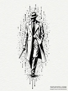 Film noir detective's silhouette in a rain of... - эскиз тату (№1751268760_0, 30.06.2025 07:32) — Tatufoto.com