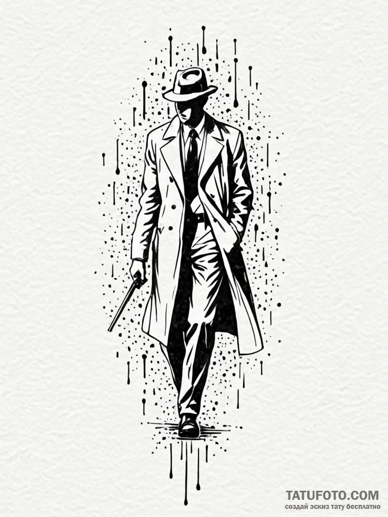 Film noir detective's silhouette in a rain of... - эскиз тату (№1751268760_0, 30.06.2025 07:32) — Tatufoto.com