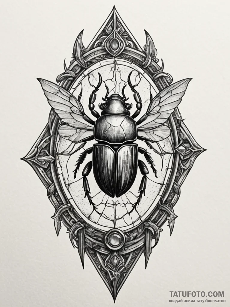 Scarab relic beneath shattered spire, tattoo... - эскиз тату (№1751272046_0, 30.06.2025 08:27) — Tatufoto.com