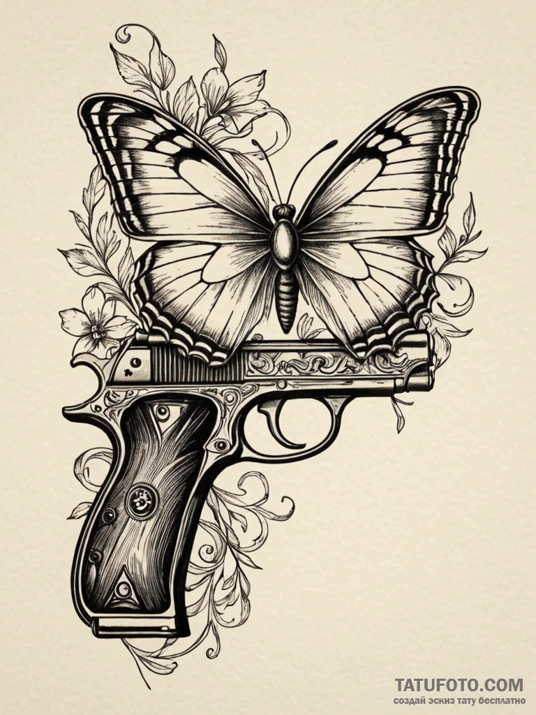 Butterfly landing on the trigger of a vintage... - эскиз тату (№1751272219_0, 30.06.2025 08:30) — Tatufoto.com