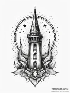 Sacred flame beneath celestial spire, ink ill... - эскиз тату (№1751291902_0, 30.06.2025 13:58) — Tatufoto.com