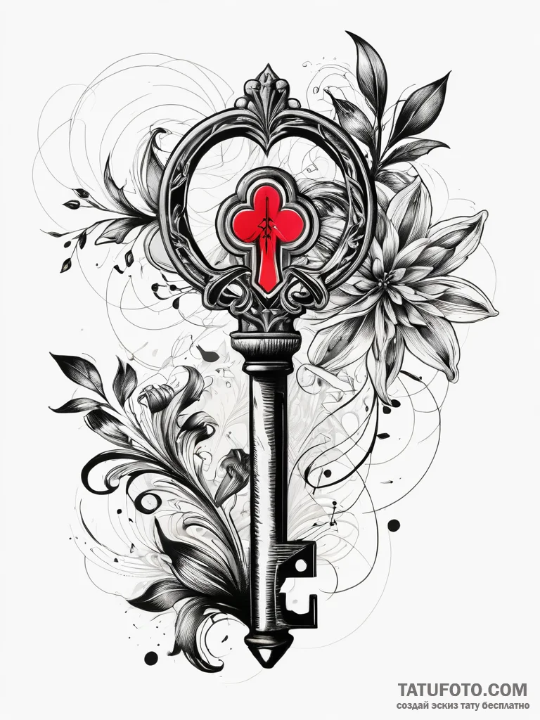 Ancient key with floral patterns, concept art... - эскиз тату (№1751292725_0, 30.06.2025 14:12) — Tatufoto.com