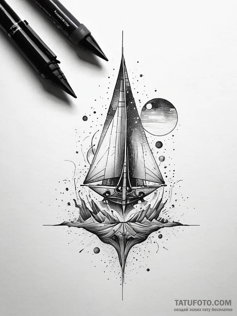 Lunar ship drifting through space, tattoo lin... - эскиз тату (№1751292788_0, 30.06.2025 14:13) — Tatufoto.com