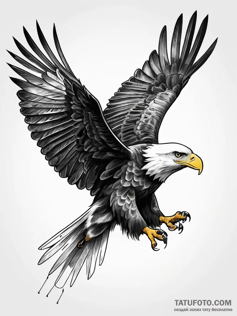 A proud bald eagle in flight, wings spread wi... - эскиз тату (№1751293740_0, 30.06.2025 14:29) — Tatufoto.com