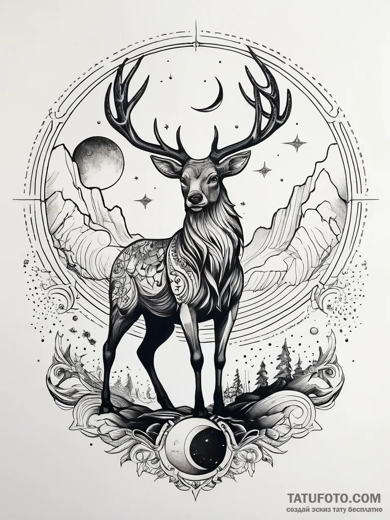 Astral stag standing on moon, artistic tattoo... - эскиз тату (№1751295553_0, 30.06.2025 14:59) — Tatufoto.com