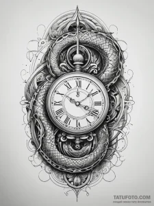 Ice serpent coiling through timepiece, tattoo... - эскиз тату (№1751304288_0, 30.06.2025 17:24) — Tatufoto.com