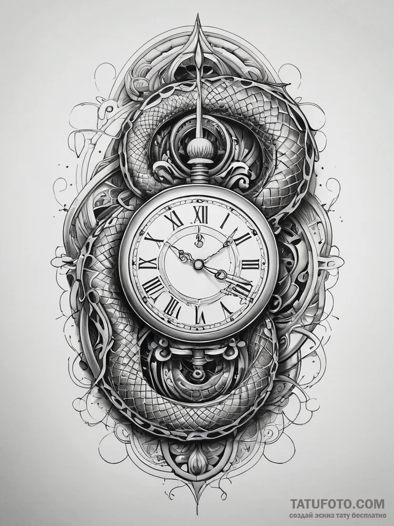 Ice serpent coiling through timepiece, tattoo... - эскиз тату (№1751304288_0, 30.06.2025 17:24) — Tatufoto.com