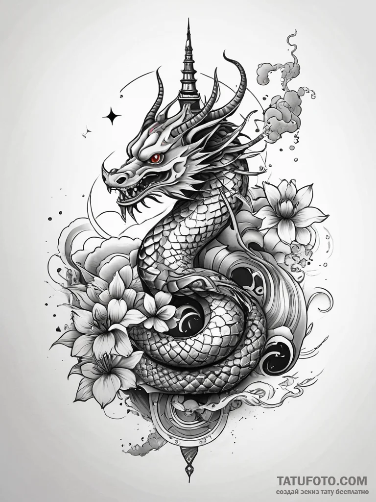 Horned serpent beneath celestial spire, tatto... - эскиз тату (№1751304351_0, 30.06.2025 17:25) — Tatufoto.com