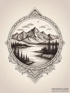 Layered landscape, mountains, forest, lake, m... - эскиз тату (№1751304413_0, 30.06.2025 17:26) — Tatufoto.com