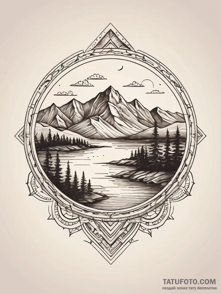 Layered landscape, mountains, forest, lake, m... - эскиз тату (№1751304413_0, 30.06.2025 17:26) — Tatufoto.com