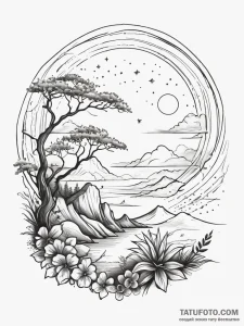 Zen garden beneath starlit sky, ink illustrat... - эскиз тату (№1751305433_0, 30.06.2025 17:43) — Tatufoto.com