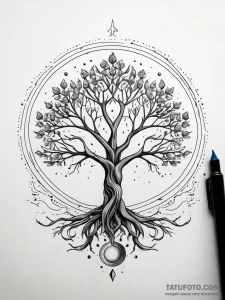 Leafless tree beneath eclipsed sun, ink illus... - эскиз тату (№1751307725_0, 30.06.2025 18:22) — Tatufoto.com