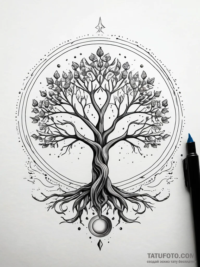 Leafless tree beneath eclipsed sun, ink illus... - эскиз тату (№1751307725_0, 30.06.2025 18:22) — Tatufoto.com