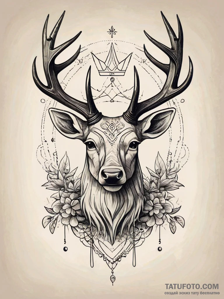 Crown of shadows atop stag, tattoo flash shee... - эскиз тату (№1751308870_0, 30.06.2025 18:41) — Tatufoto.com