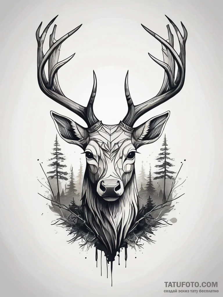 Abyssal stag in ruined forest, tattoo sketch... - эскиз тату (№1751310657_0, 30.06.2025 19:10) — Tatufoto.com