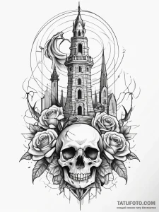 Untamed serpent beneath shattered spire, tatt... - эскиз тату (№1751312370_0, 30.06.2025 19:39) — Tatufoto.com