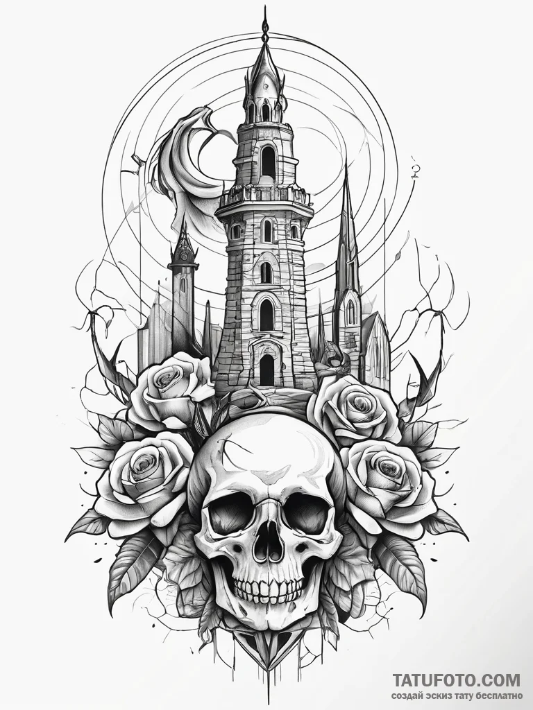Untamed serpent beneath shattered spire, tatt... - эскиз тату (№1751312370_0, 30.06.2025 19:39) — Tatufoto.com