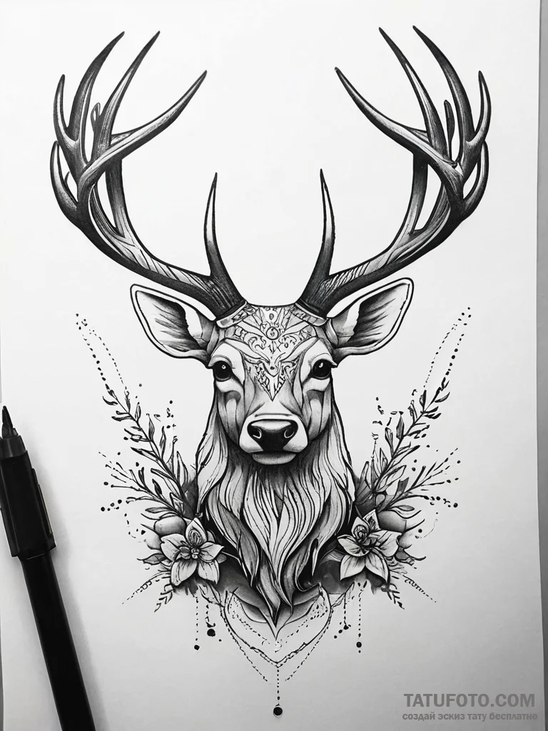 Dark stag emerging from fog, tattoo drawing o... - эскиз тату (№1751313467_0, 30.06.2025 19:57) — Tatufoto.com