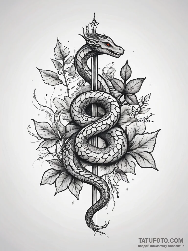 Glyph-etched serpent crowned in ivy, tattoo d... - эскиз тату (№1751314101_0, 30.06.2025 20:08) — Tatufoto.com